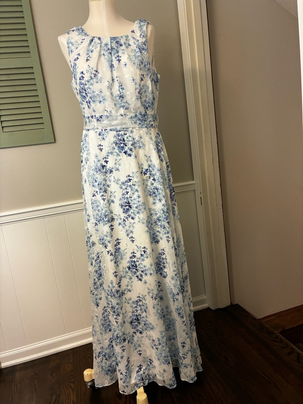 R&K White Maxi Dress with Blue Floral Print